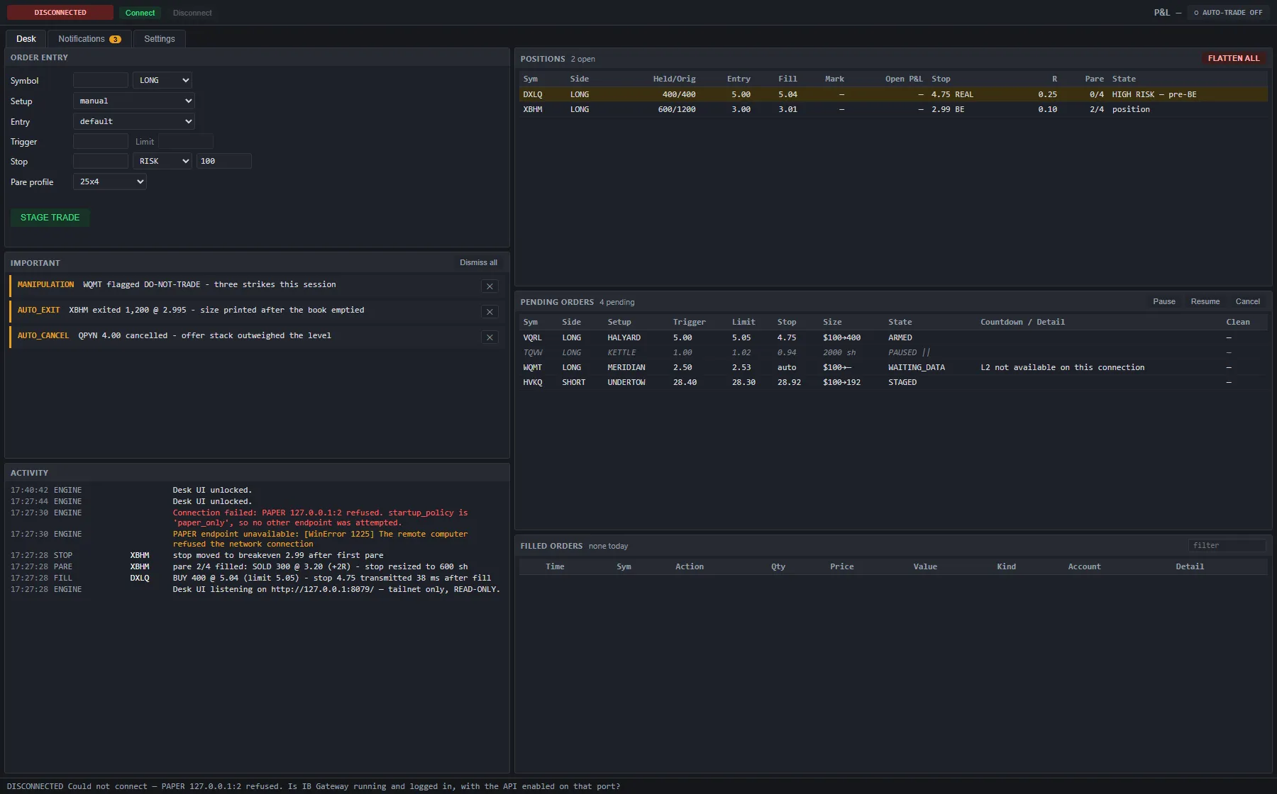 The trading desk interface: a dark screen with open positions, pending orders, an order entry panel and a live activity log