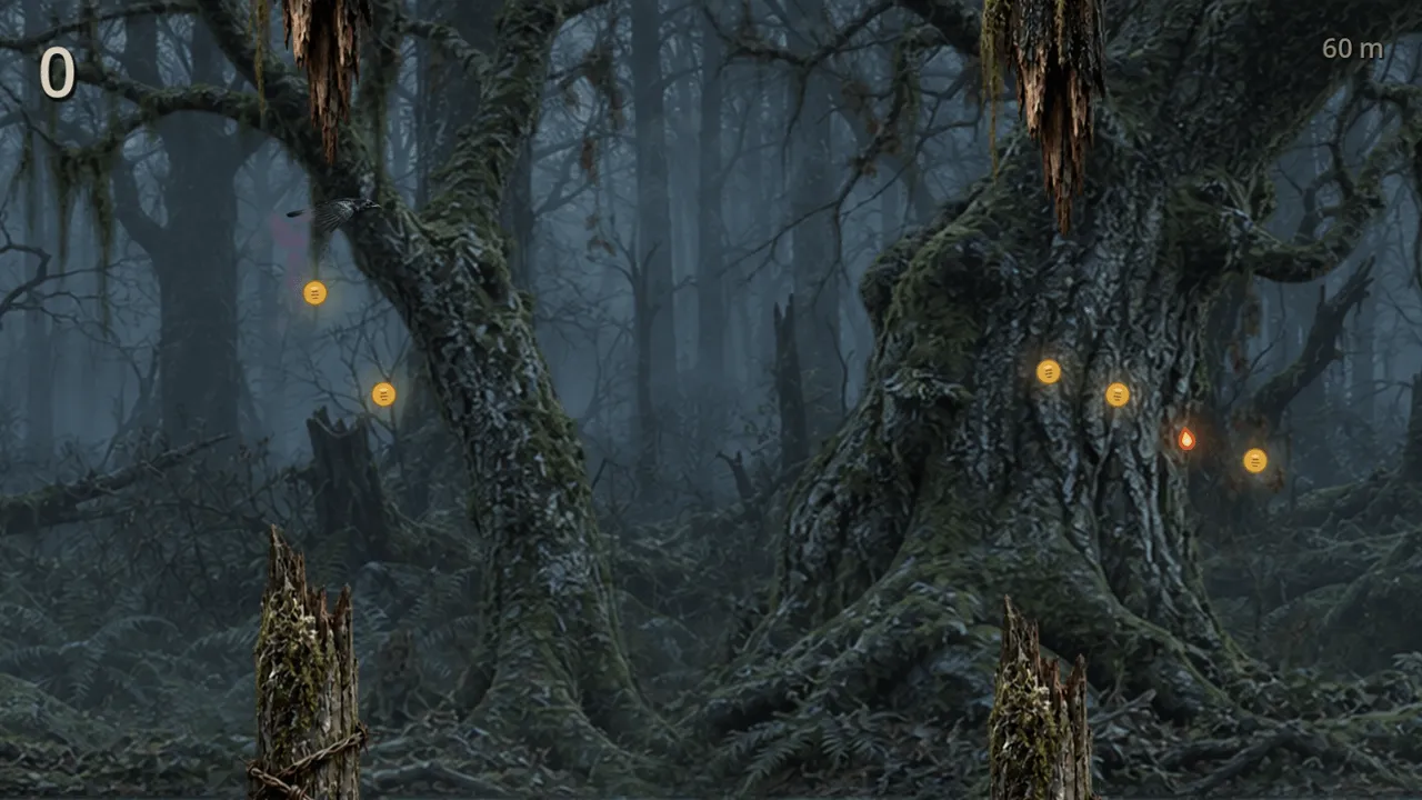 The Raven flying through The Bleak Ridge's misty, moss-covered woods