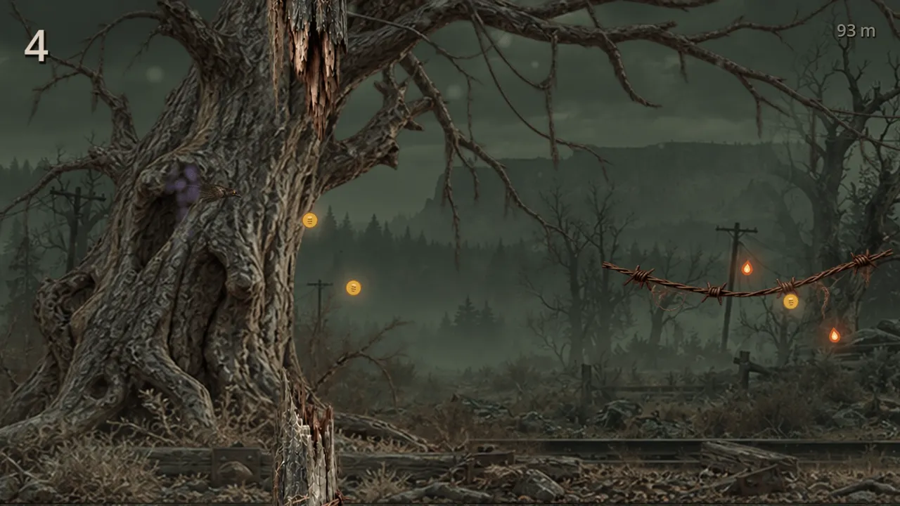 A lone crow gliding past dead trees and a scarecrow silhouette under a bruised purple sky