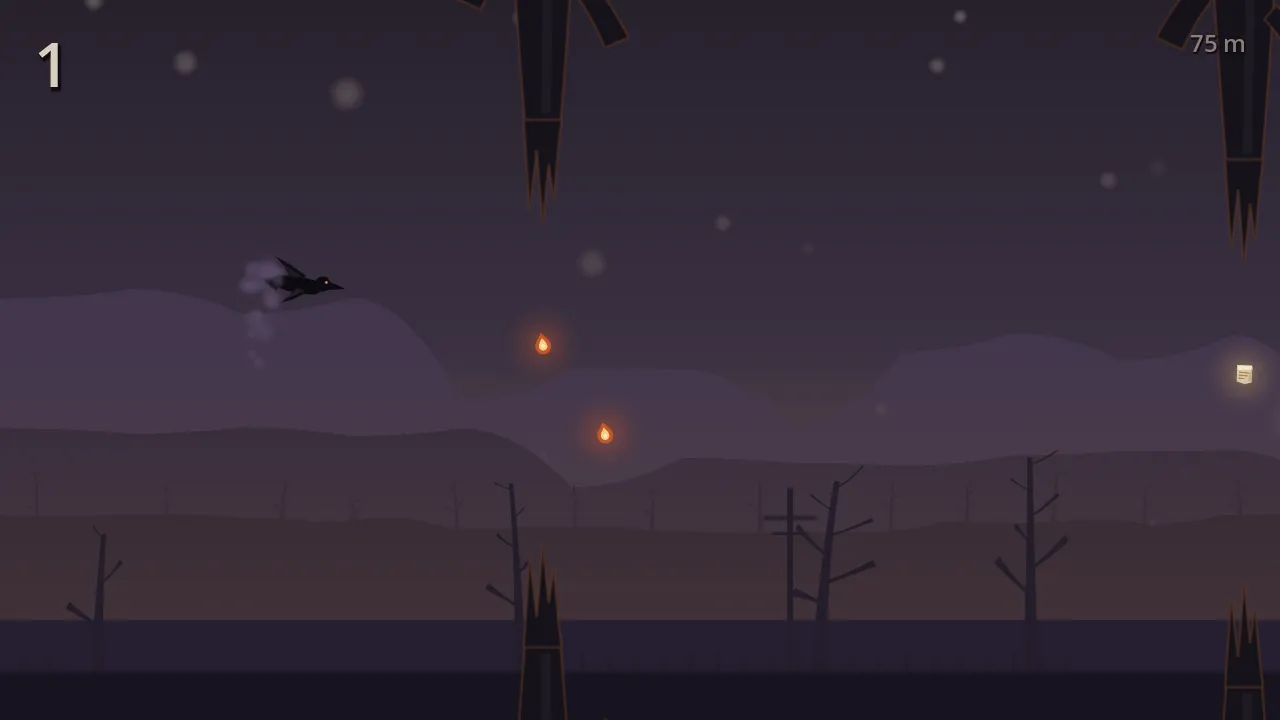 A lone crow gliding past dead trees and a scarecrow silhouette under a bruised purple sky