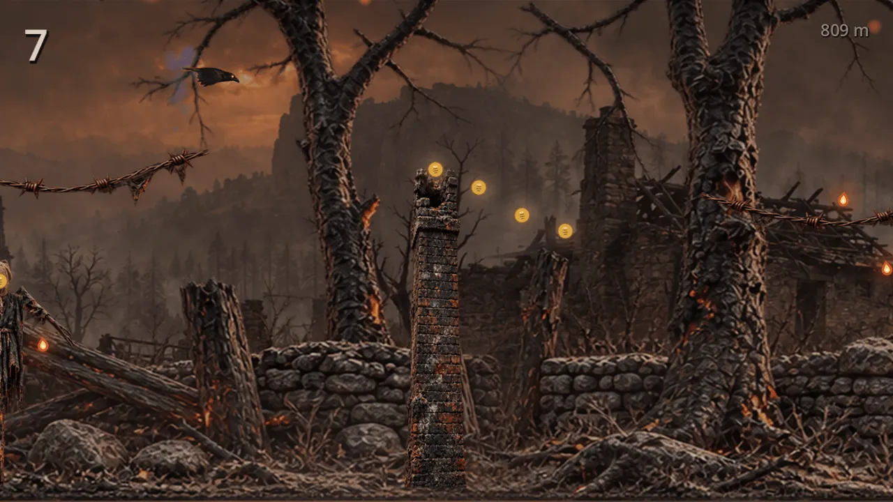 The Ember flying over a burnt settlement in Scorched Valley