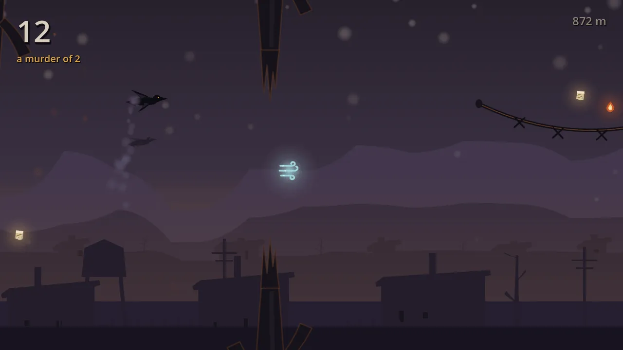 A crow leading a second crow over the Abandoned Settlement at dusk
