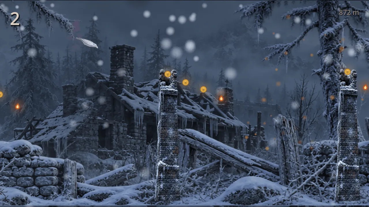 The Endless Murder — a crow leading a small flock over an abandoned settlement at dusk