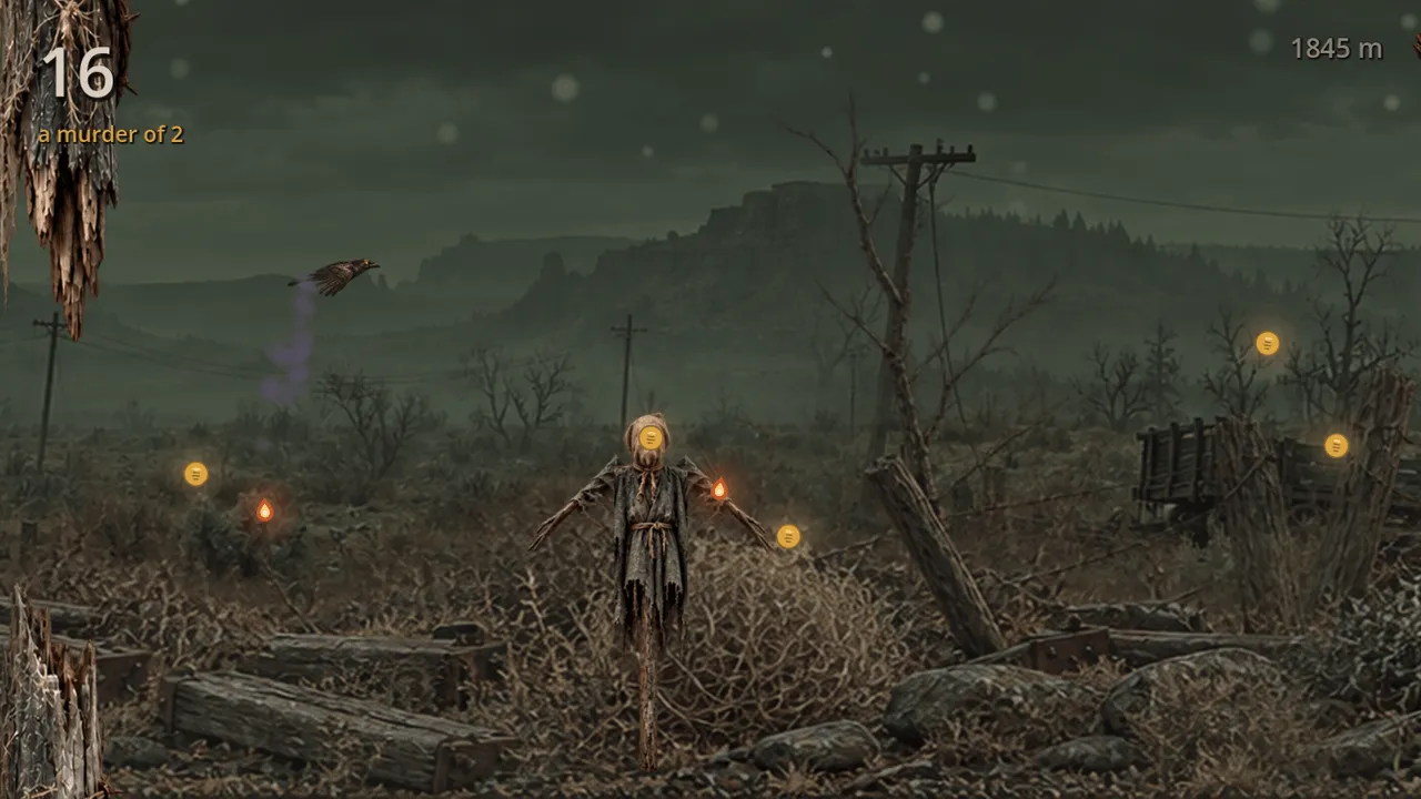The Scavenger above a scarecrow in The Abandoned Rails' wasteland, with a flock of two