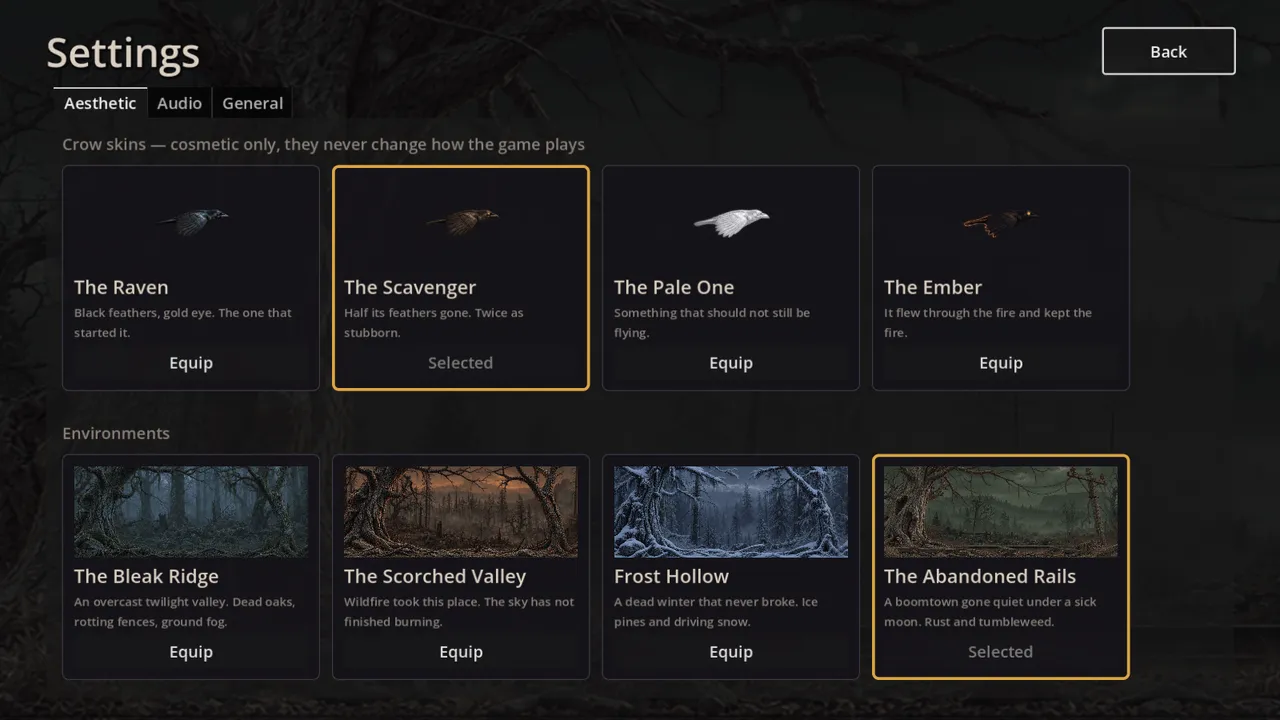 The crow skin and environment selector in the settings screen