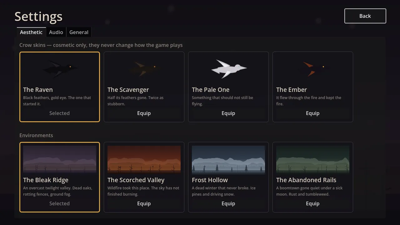 The crow skin and environment selector in the settings screen