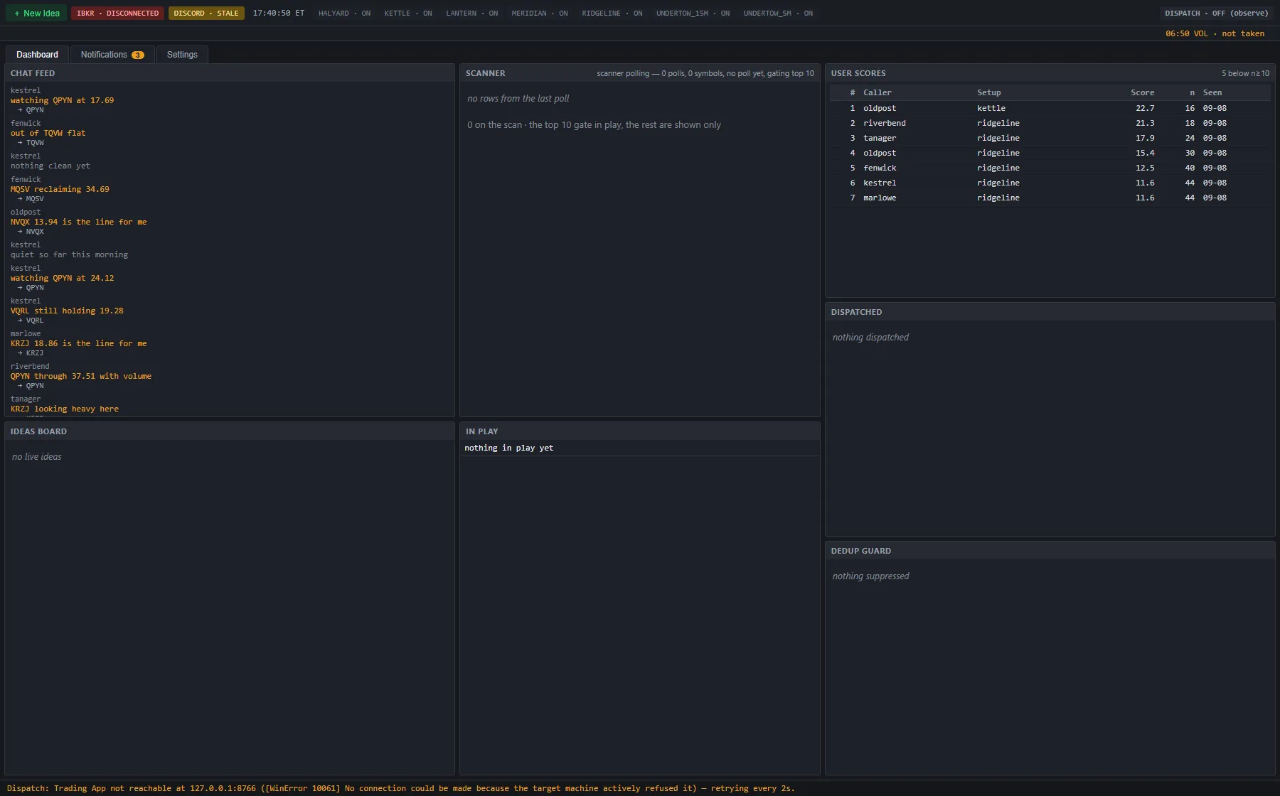 A dark dashboard with a chat feed on the left, a scanner panel, an ideas board, an in-play panel and a caller score table